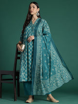 Women's Teal Printed A-Line Kurta Trouser With Dupatta set