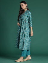 Women's Teal Printed A-Line Kurta Trouser With Dupatta set
