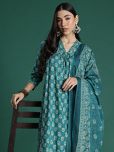 Women's Teal Printed A-Line Kurta Trouser With Dupatta set