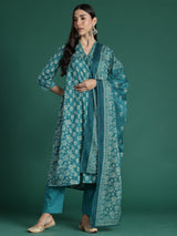 Women's Teal Printed A-Line Kurta Trouser With Dupatta set