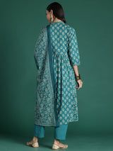 Women's Teal Printed A-Line Kurta Trouser With Dupatta set