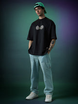 Men's Black Casual Printed Oversized Fit Half Sleeves Tshirt