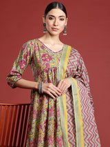 Women's Grey Printed Straight Kurta Trouser With Dupatta Set