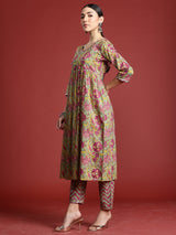 Women's Grey Printed Straight Kurta Trouser With Dupatta Set