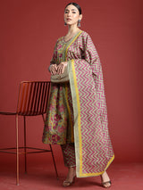 Women's Grey Printed Straight Kurta Trouser With Dupatta Set