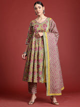 Women's Grey Printed Straight Kurta Trouser With Dupatta Set