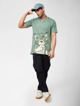 Men's Green Casual Printed Oversized Fit Half Sleeves Tshirt