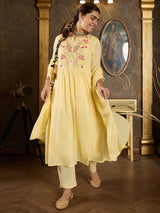 Women's Yellow Embroidered A-Line Kurta Trousers With Dupatta Set