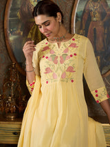 Women's Yellow Embroidered A-Line Kurta Trousers With Dupatta Set