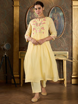Women's Yellow Embroidered A-Line Kurta Trousers With Dupatta Set