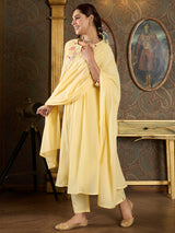 Women's Yellow Embroidered A-Line Kurta Trousers With Dupatta Set
