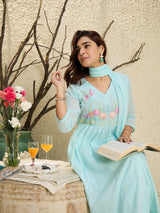 Women's Blue Embroidered A-Line Kurta Trousers With Dupatta Set