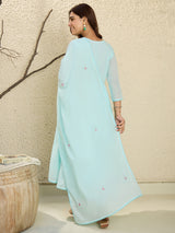 Women's Blue Embroidered A-Line Kurta Trousers With Dupatta Set