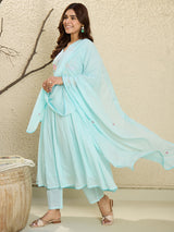 Women's Blue Embroidered A-Line Kurta Trousers With Dupatta Set