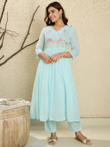 Women's Blue Embroidered A-Line Kurta Trousers With Dupatta Set