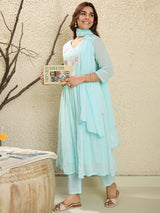 Women's Blue Embroidered A-Line Kurta Trousers With Dupatta Set