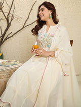 Women's Off White Embroidered Anarkali Kurta Trousers With Dupatta Set