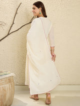 Women's Off White Embroidered Anarkali Kurta Trousers With Dupatta Set