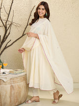Women's Off White Embroidered Anarkali Kurta Trousers With Dupatta Set