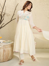 Women's Off White Embroidered Anarkali Kurta Trousers With Dupatta Set