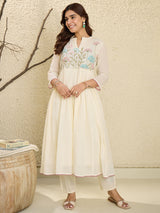 Women's Off White Embroidered Anarkali Kurta Trousers With Dupatta Set