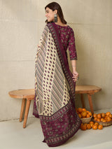 Women's Brown Printed Straight Kurta Salwar with Dupatta Set