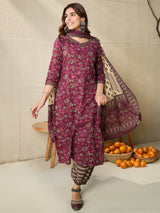 Women's Brown Printed Straight Kurta Salwar with Dupatta Set
