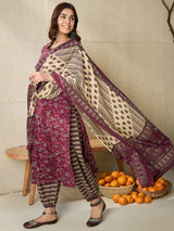Women's Brown Printed Straight Kurta Salwar with Dupatta Set