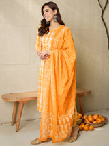 Women's Yellow Printed Straight Kurta Trousers With Dupatta Set