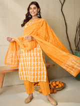 Women's Yellow Printed Straight Kurta Trousers With Dupatta Set