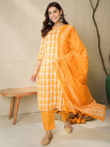 Women's Yellow Printed Straight Kurta Trousers With Dupatta Set