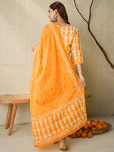 Women's Yellow Printed Straight Kurta Trousers With Dupatta Set