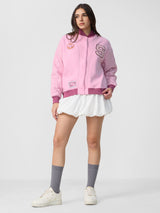 Women's Pink Casual Oversized Fit Embroidered Full Sleeves Varsity Jacket