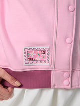 Women's Pink Casual Oversized Fit Embroidered Full Sleeves Varsity Jacket