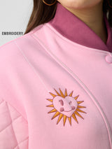 Women's Pink Casual Oversized Fit Embroidered Full Sleeves Varsity Jacket