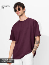 Men's Purple Casual Solid Oversized Fit Half Sleeves Tshirt