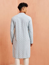 Men's Blue Aqua Schiffli Embroidered Rayon Kurta
