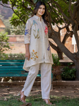 Women's White Printed A-Line Kurta Trouser Set
