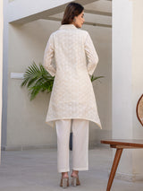 Women's Off White Printed A-Line Kurta Trouser Set