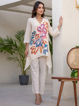 Women's Off White Printed A-Line Kurta Trouser Set