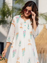 Women's Off White Printed A-Line Kurta Trousers  Set