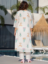 Women's Off White Printed A-Line Kurta Trousers  Set