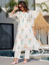 Women's Off White Printed A-Line Kurta Trousers  Set