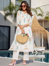Women's Off White Printed A-Line Kurta Trousers  Set