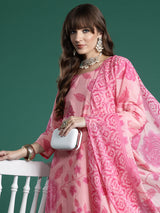 Women's Peach Printed Straight Kurta Trouser With Dupatta Set