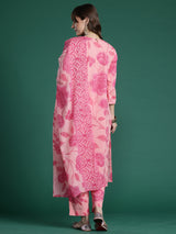 Women's Peach Printed Straight Kurta Trouser With Dupatta Set
