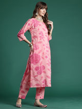 Women's Peach Printed Straight Kurta Trouser With Dupatta Set