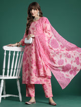 Women's Peach Printed Straight Kurta Trouser With Dupatta Set