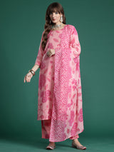 Women's Peach Printed Straight Kurta Trouser With Dupatta Set