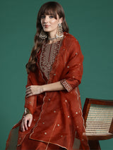Women's Rust Embroidered Straight Kurta Trouser With Dupatta Set